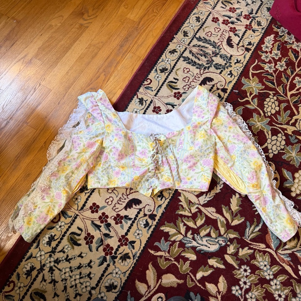 Yellow & pink floral corset blouse with ruffles and tie front